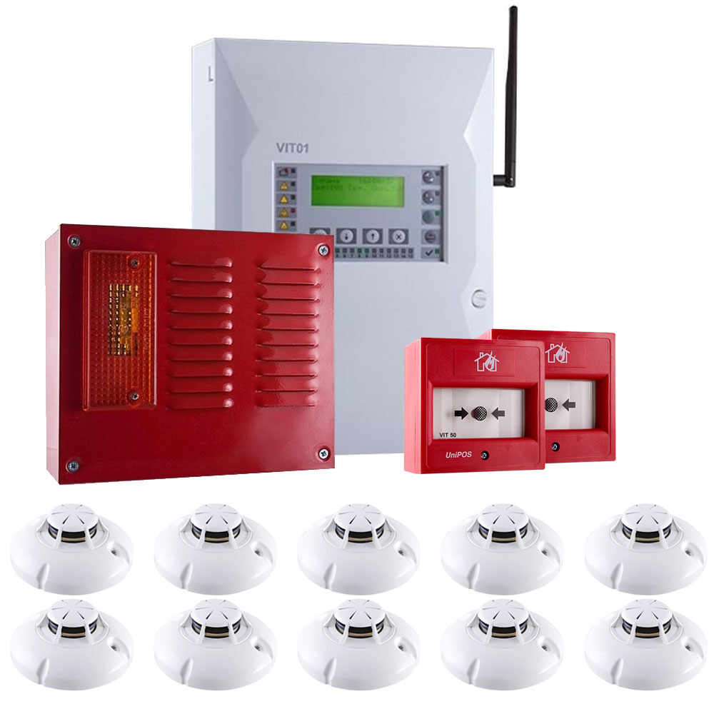 Sistem alarma antiincendiu wireless UniPOS KIT-UP10W, 15 zone, 20-32 dispozitive, 10 detectori
