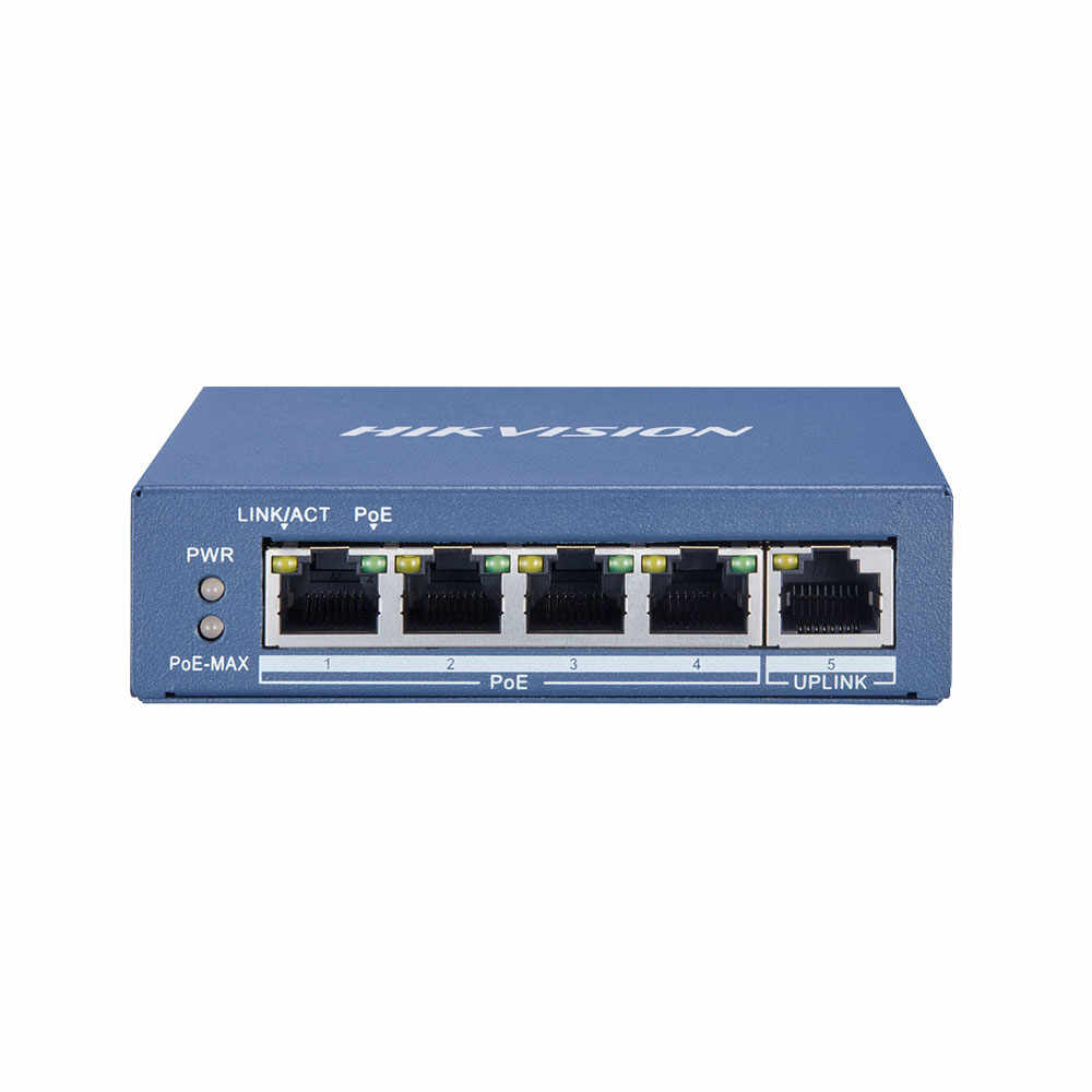 Switch cu 4 porturi Hikvision DS-3E0505P-E/M, 1 port uplink, 10 Gbps, 7.44 Mpps, 2.000 MAC, fara management, PoE