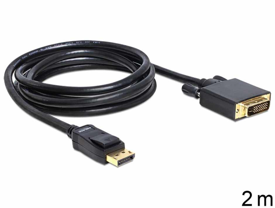 Cablu DisplayPort la DVI-D Dual Link T-T ecranat 2m Negru, Delock 82591