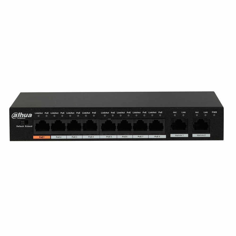 Switch cu 8 porturi PoE Dahua PFS3010-8ET-96, 2 porturi uplink, 5.60 Gbps, 4.17 Mpps, 8.000 MAC, watchdog, fara management, PoE
