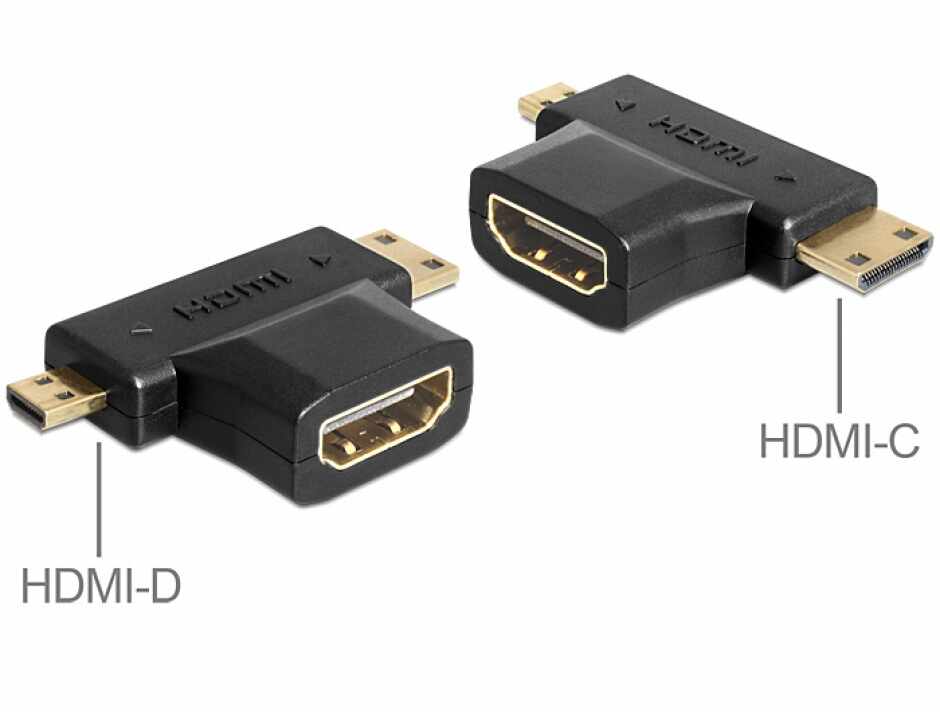 Adaptor HDMI la mini-C HDMI + micro-D HDMI, Delock 65446