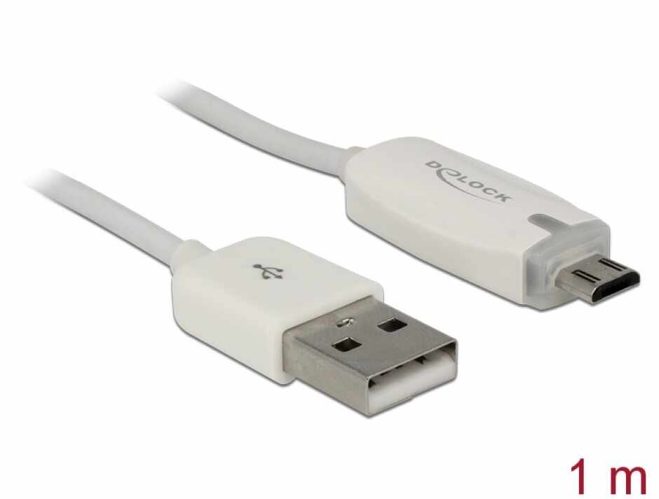 Cablu de date + incarcare USB la micro USB-B 2.0 cu LED 1m, Delock 83604