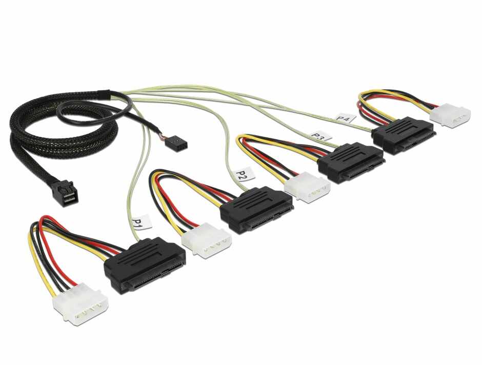 Cablu Mini SAS HD SFF-8643 la 4 x SAS SFF-8482 + power + Sideband 1m, Delock 83391