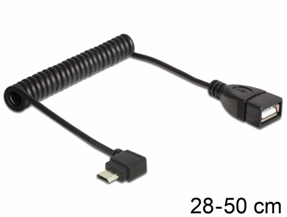 Cablu USB micro-B T in unghi la USB 2.0-A M OTG spiralat, Delock 83354
