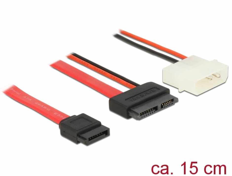 Cablu Slim SATA la SATA 7 pini + 2 pini alimentare M-T 15cm, Delock 84789
