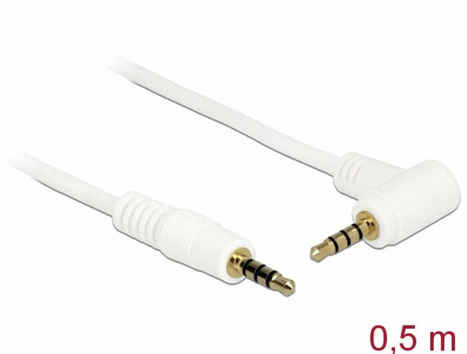 Cablu Stereo Jack 3.5 mm 4 pini unghi 0.5m T-T Alb, Delock 84736