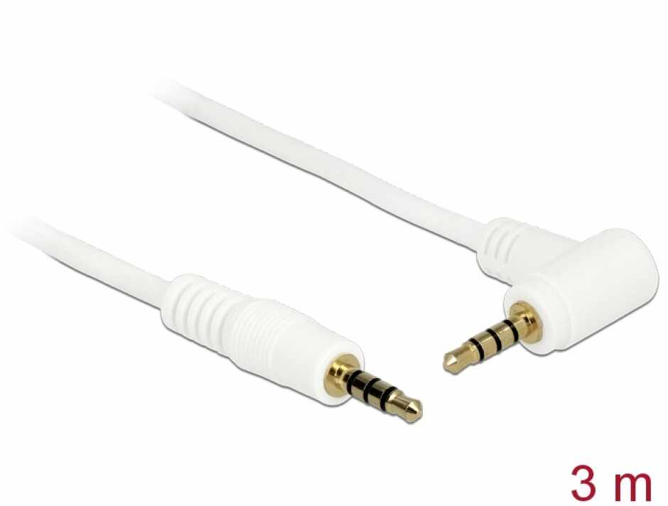 Cablu Stereo Jack 3.5 mm 4 pini unghi 3m T-T Alb, Delock 84741