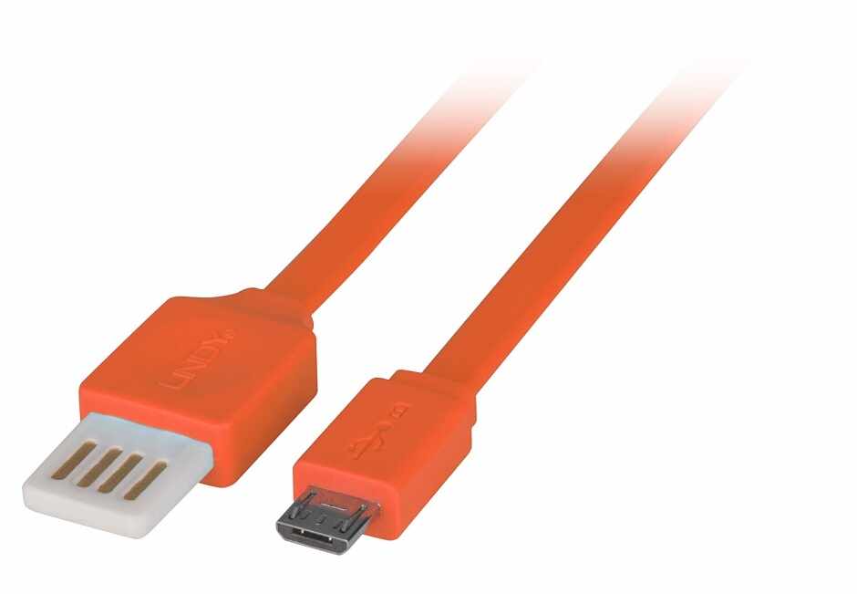 Cablu USB 2.0 la micro USB-B Flat reversibil 0.5m Orange, Lindy L30895