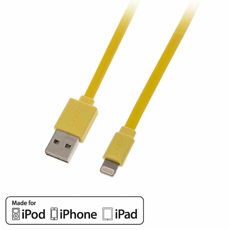 Cablu USB reversibil date + incarcare pentru iPhone 5/6 Lightning MFI 1m Galben, Lindy L31393