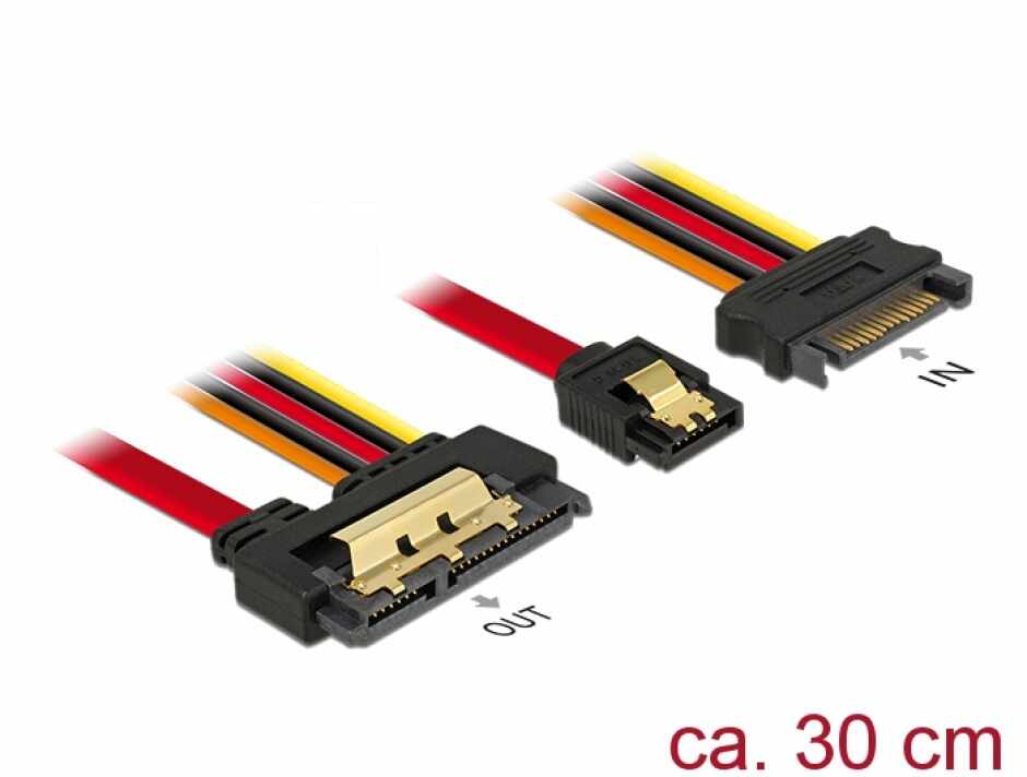 Cablu de date + alimentare SATA 22 pini 6 Gb/s cu clips la SATA 15 pini + SATA 7 pini 30cm, Delock 85228
