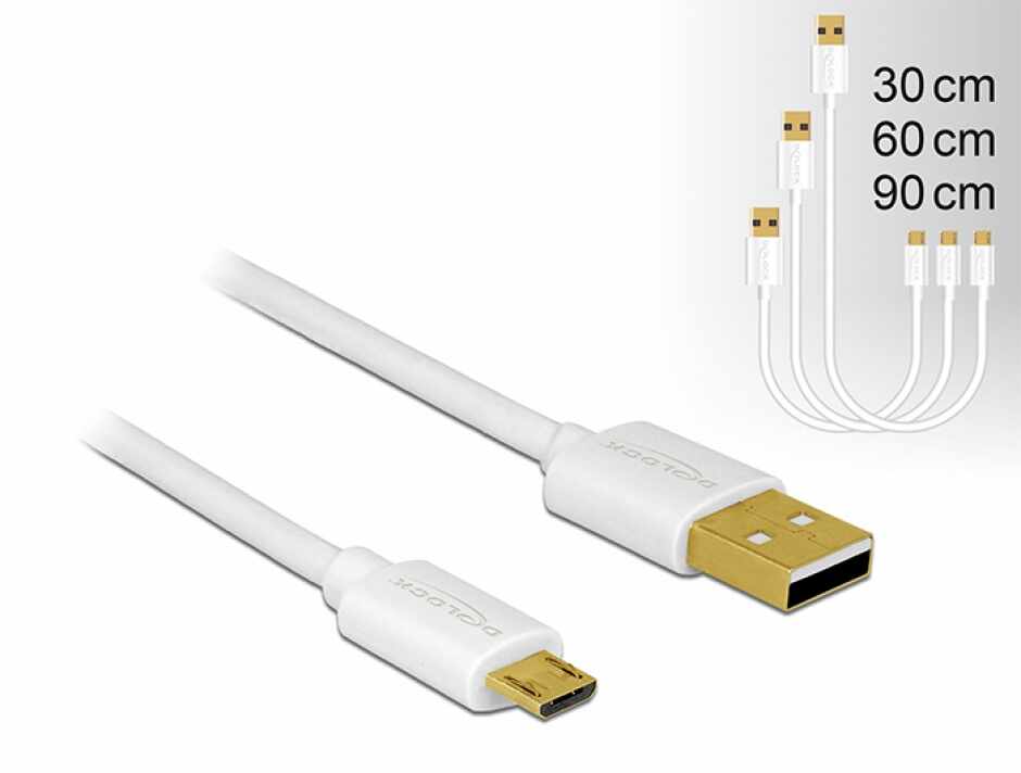 Cablu de date si incarcare Quick/Fast Charging (incarcare rapida) USB 2.0 la micro USB-B 3 buc/set Alb, Delock 83679