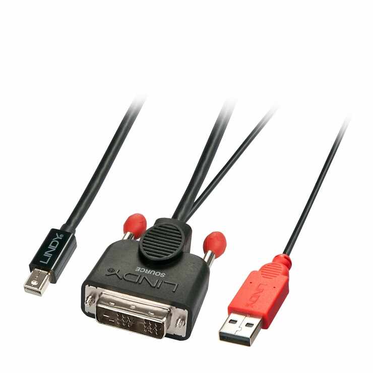 Cablu DVI-D la Mini Displayport Activ cu alimentare USB 1m Negru, Lindy L41996