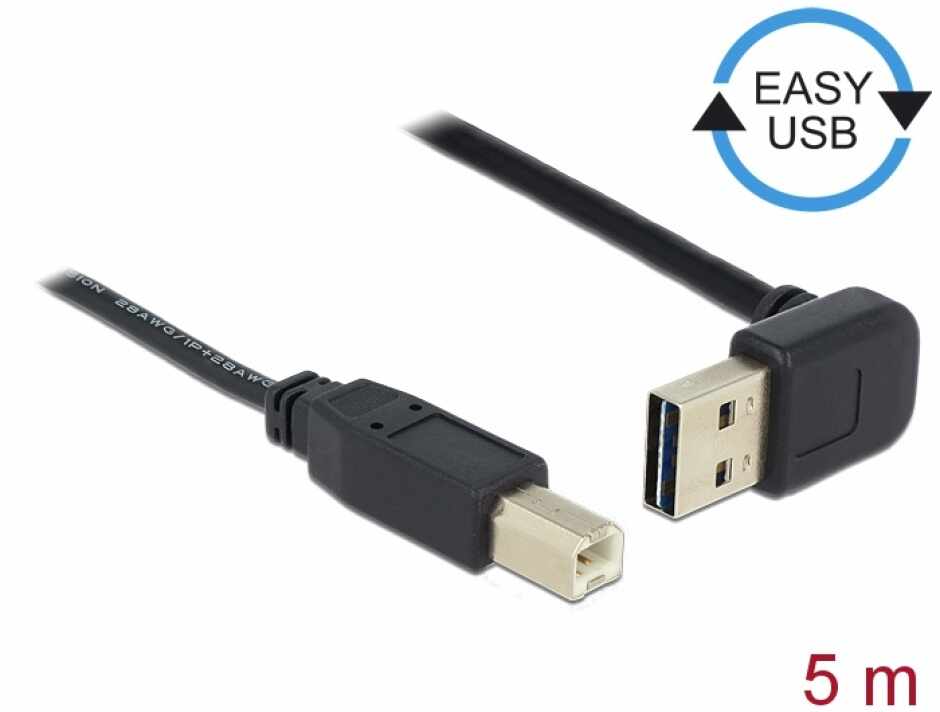 Cablu EASY-USB 2.0 tip A unghi sus/jos la USB-B T-T 5m Negru, Delock 83542