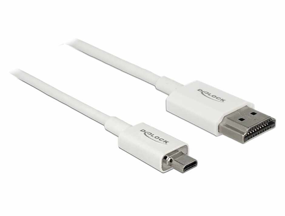 Cablu HDMI la micro HDMI-D T-T 3D 4K 1.5m Slim Premium Alb, Delock 85150