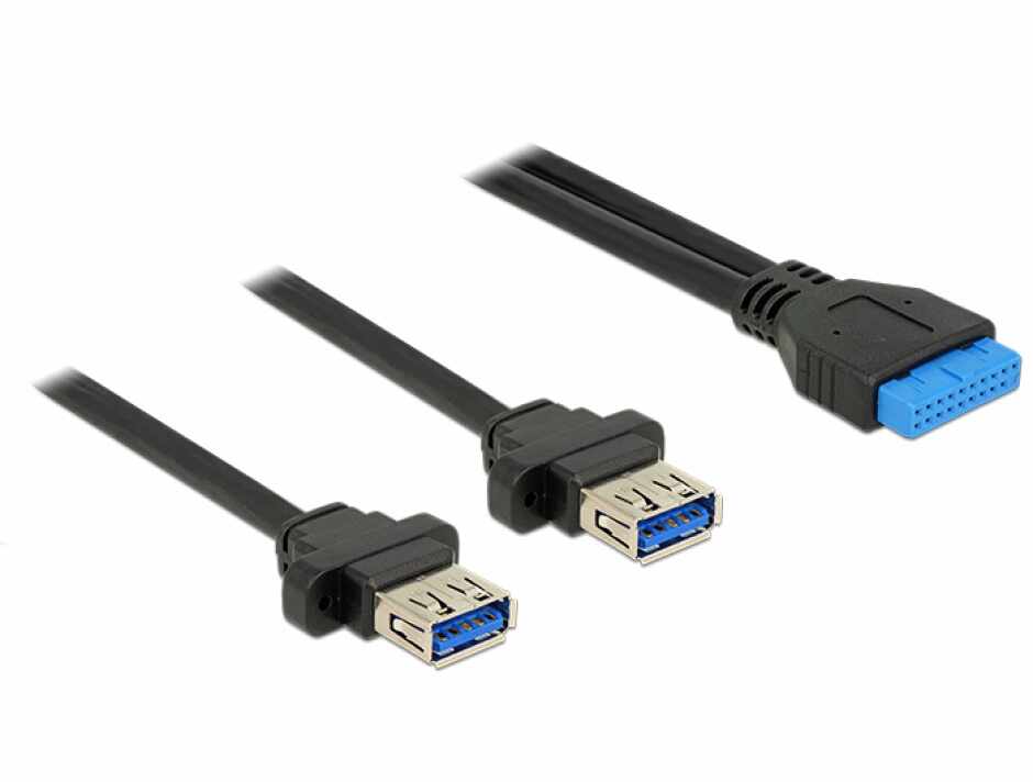 Cablu pin header USB 3.0 19 pini 2.00 mm la 2 x USB 3.0-A M-M 0.8m, Delock 85244 