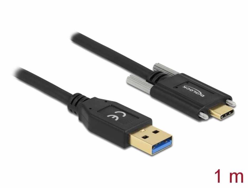 Cablu SuperSpeed USB 10 Gbps (USB 3.1 Gen 2) tip A la USB-C cu suruburi pe laterale T-T 1m Negru, Delock 83718