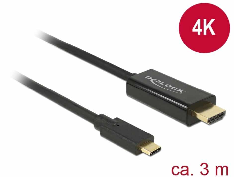 Cablu USB-C la HDMI (DP Alt Mode) 4K 30 Hz 3m T-T Negru, Delock 85260