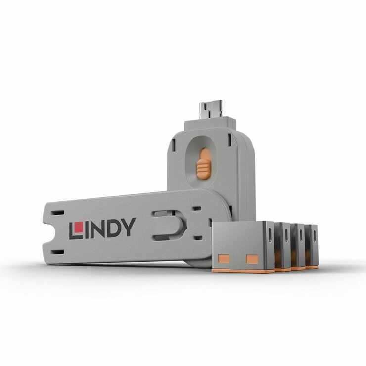 Sistem de blocare Port USB cheie + 4 incuietori Portocaliu, Lindy L40453