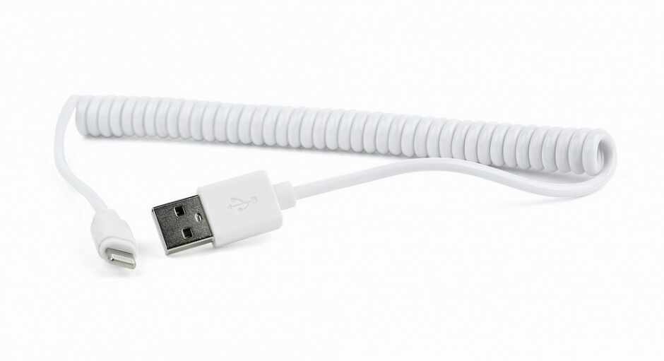 Cablu de incarcare + date USB 2.0 la iPhone Lightning spiralat 1.5m Alb, Gembird CC-LMAM-1.5M-W