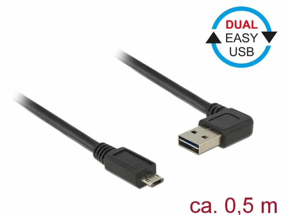 Cablu EASY-USB 2.0 tip A unghi stanga/dreapta la micro USB-B EASY-USB T-T 0.5m Negru, Delock 85164