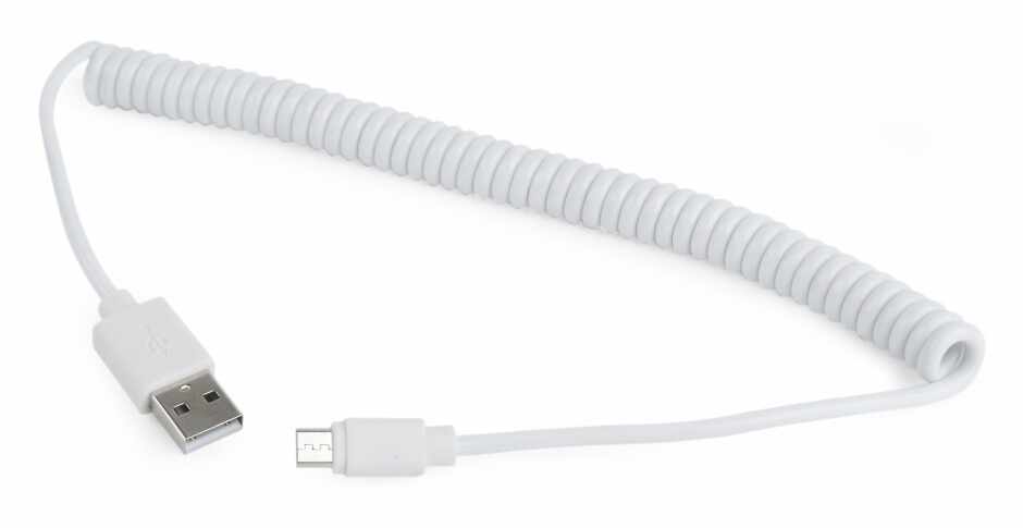 Cablu micro USB-B la USB 2.0 spiralat T-T alb 1.8m, Gembird CC-mUSB2C-AMBM-6-W