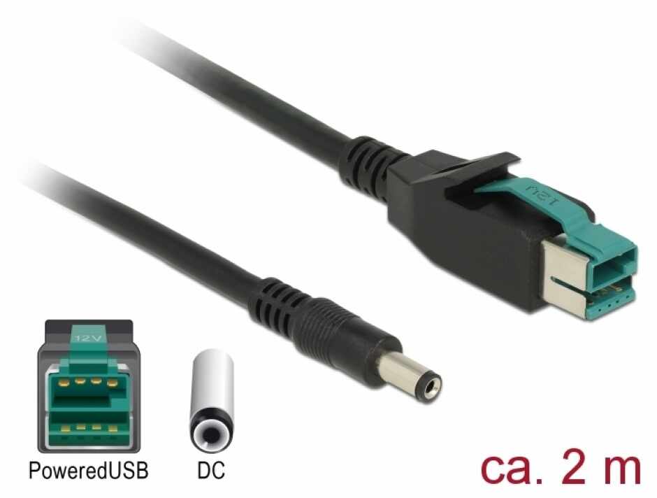Cablu PoweredUSB 12 V la DC 5.5 x 2.1 mm 2m pentru POS/terminale, Delock 85498
