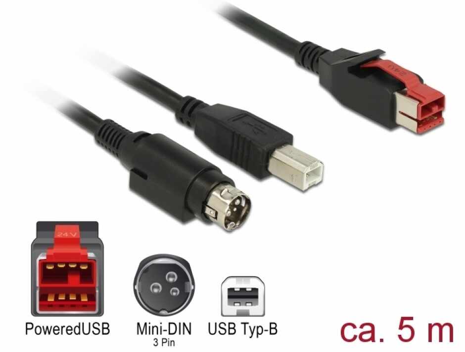 Cablu PoweredUSB 24V la USB-B + Hosiden Mini-DIN 3 pini 5m pentru POS/terminale, Delock 85491