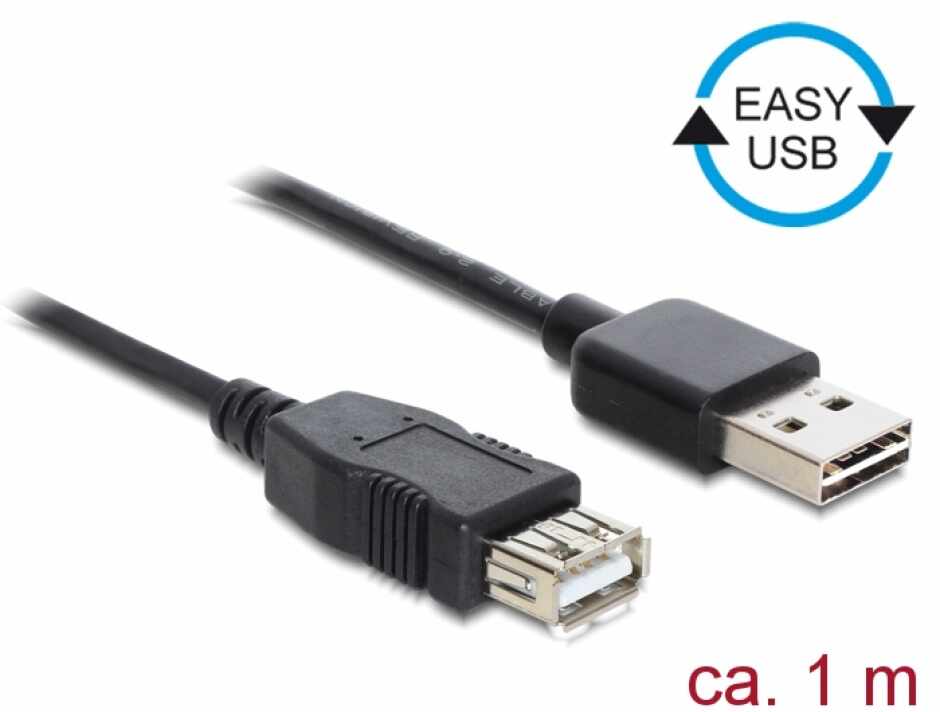 Cablu prelungitor EASY-USB 2.0-A la USB 2.0-A T-M 1m Negru, Delock 83370