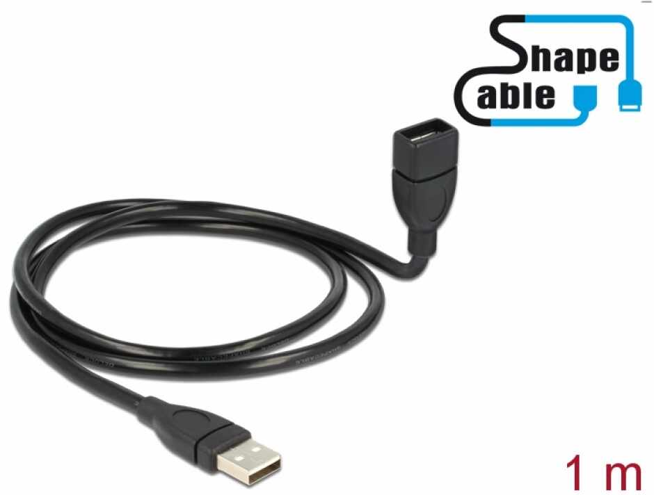 Cablu prelungitor USB 2.0-A ShapeCable 1m T-M Negru, Delock 83500