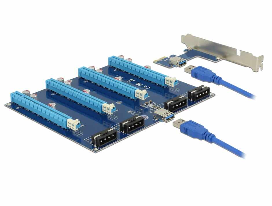 Riser Card PCI Express x1 la 4 x PCIe x16 + cablu USB 60cm, Delock 41427