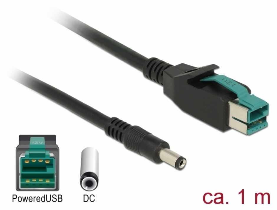 Cablu PoweredUSB 12 V la DC 5.5 x 2.1 mm 1m pentru POS/terminale, Delock 85497