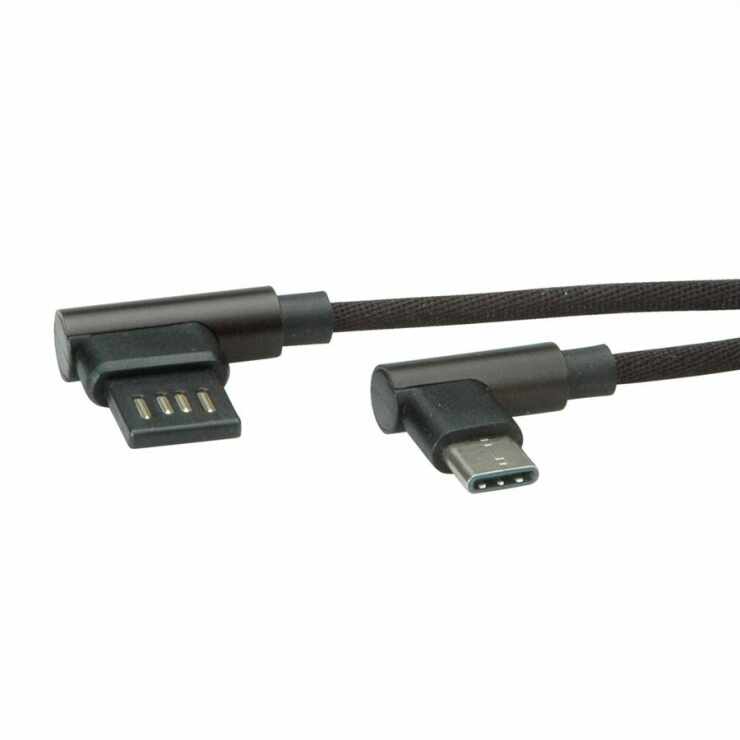 Cablu USB 2.0 tip C la USB tip A reversibil unghi 90 grade T-T 1.8m negru, Roline 11.02.9036