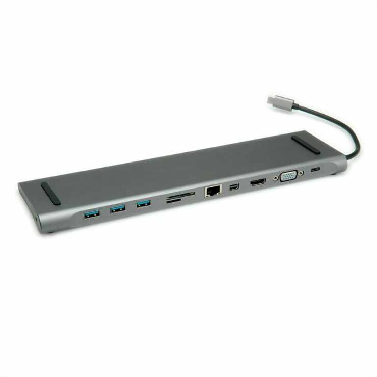 Docking Station USB-C la 4K HDMI/Mini DP, VGA, 3 x USB 3.0, 1 x SD/Micro SD Card Reader, 1 x USB-C PD (Power Delivery), 1 x Gigabit Ethernet, 1 x 3.5mm Audio, Roline 12.02.1117