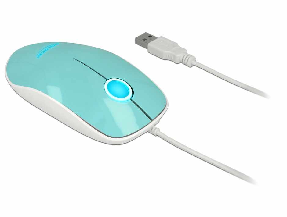 Mouse optic pe USB cu LED 3 butoane turcoaz, Delock 12538