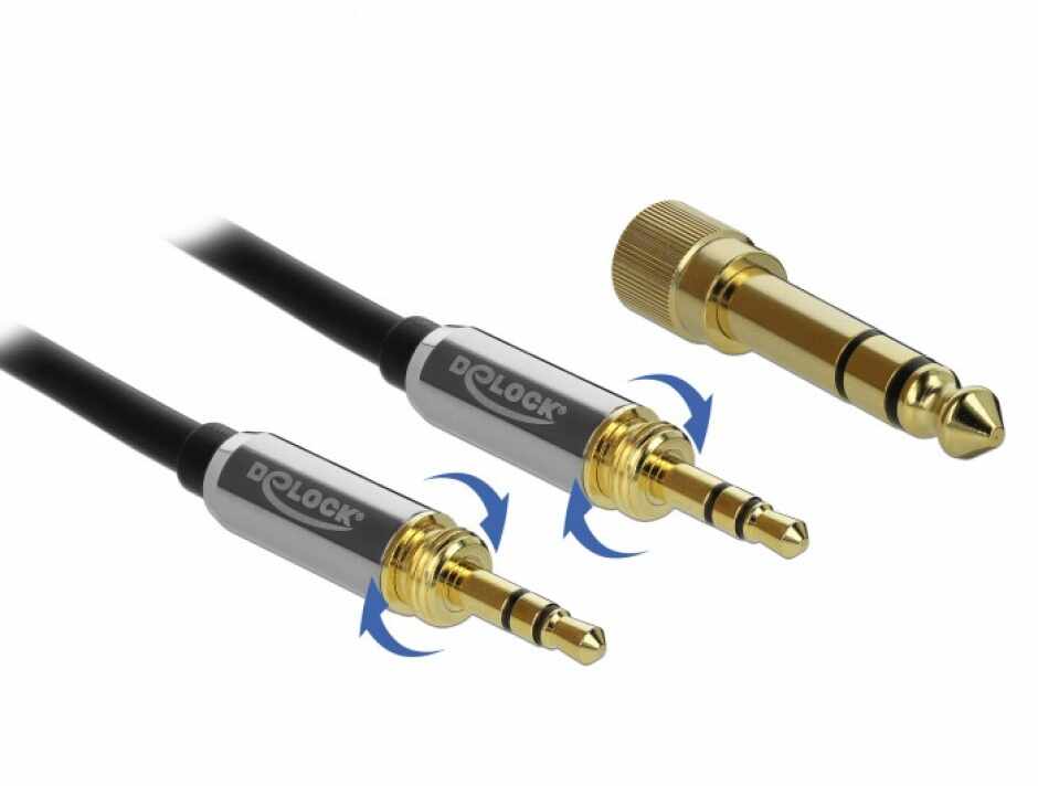 Cablu jack stereo 3.5mm 3 pini T-T + adaptor cu surub 6.35 mm 0.5m, Delock 85784