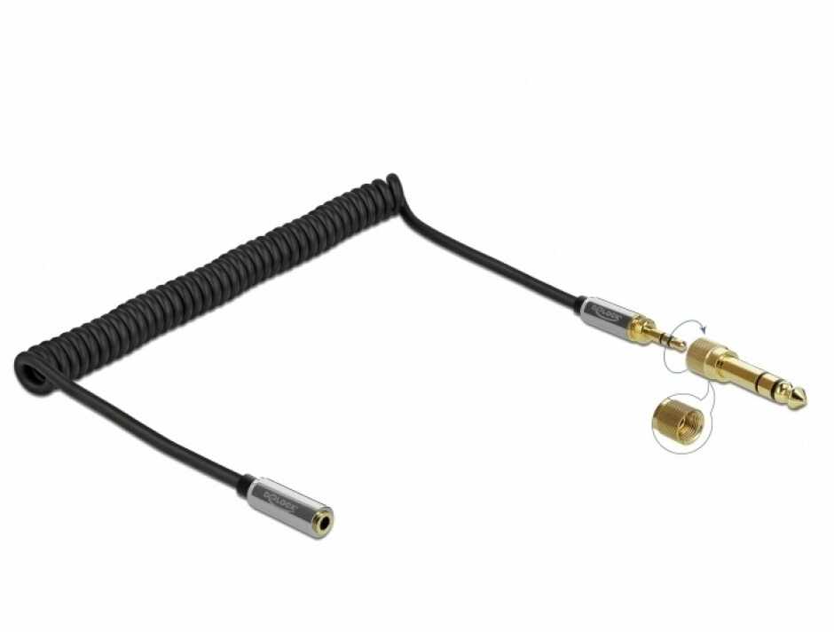 Cablu prelungitor spiralat jack stereo 3.5mm 3 pini T-M + adaptor 6.35mm 2m, Delock 85832