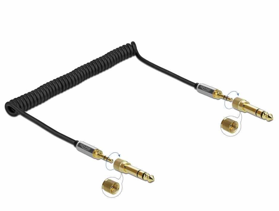 Cablu spiralat jack stereo 3.5mm 3 pini T-T + adaptor 6.35mm 2m, Delock 85837