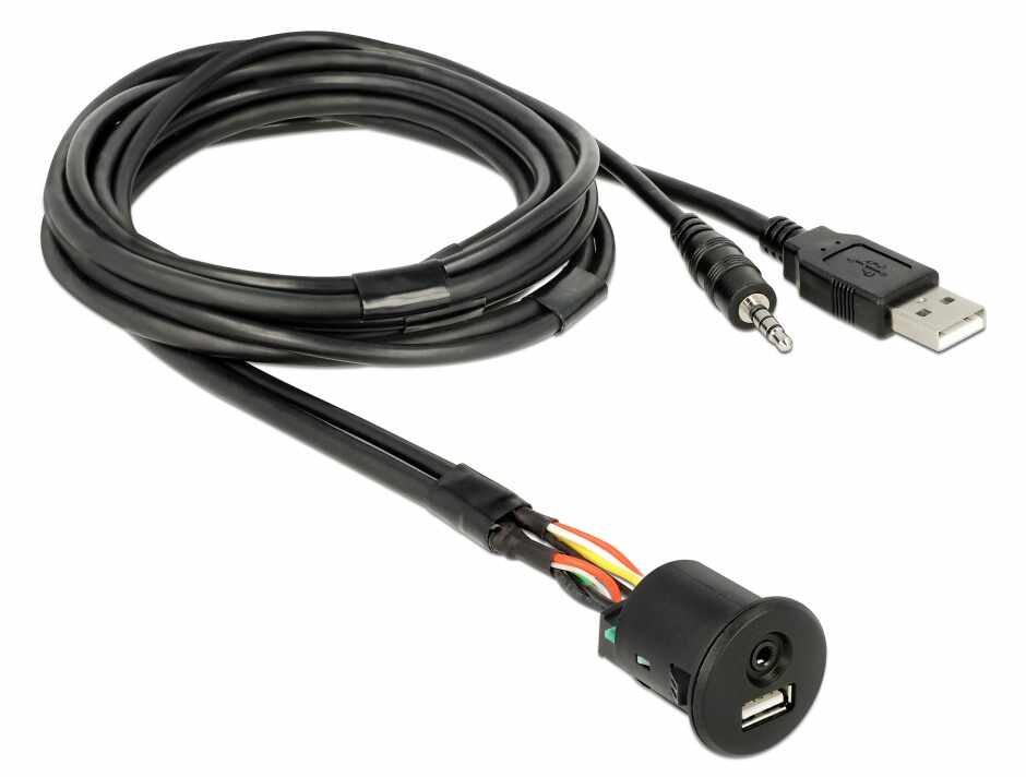 Cablu USB + jack stereo 3.5 mm 4 pini la USB + jack stereo 3.5 mm 4 pini (audio) T-M 2m Negru, Delock 85718