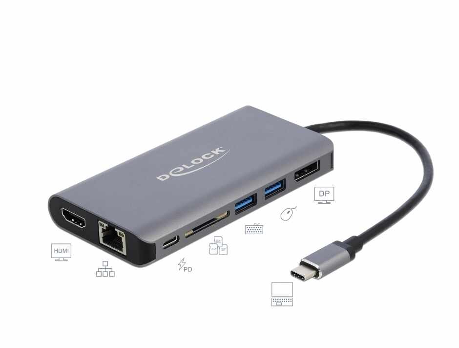 Docking Station USB-C la HDMI 4K, Displayport, 2 x USB 3.0, SD slot, Gigabit LAN, PD 3.0, Delock 87683