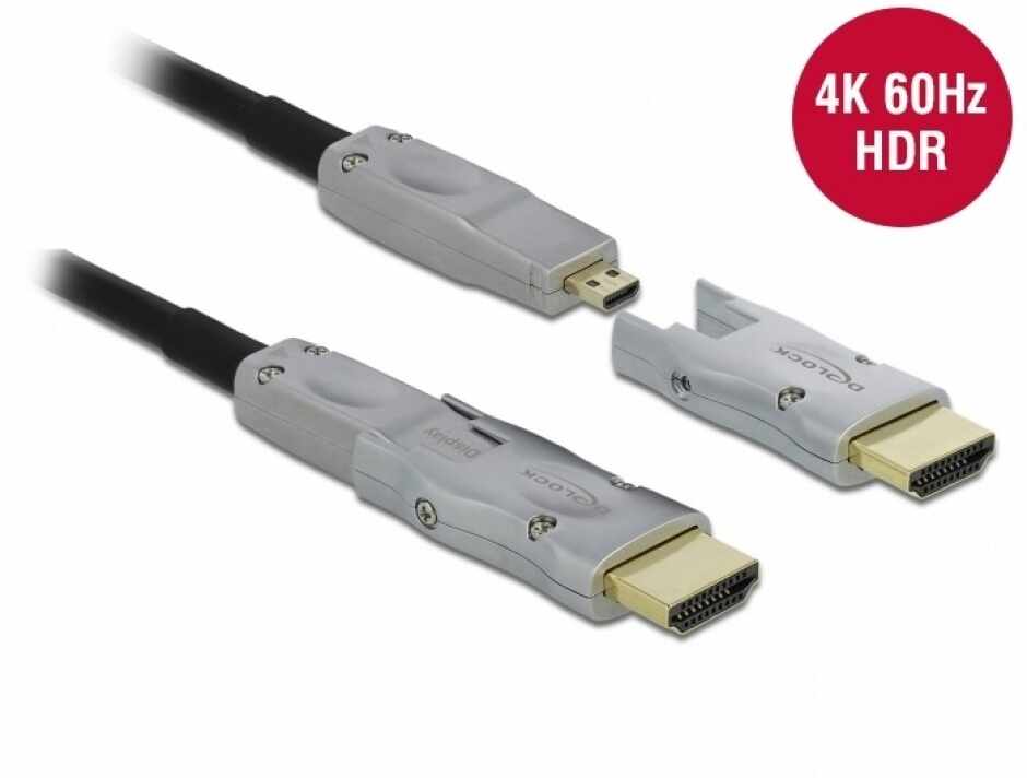 Cablu micro HDMI optic activ 4K@60Hz HDR - conectori HDMI detasabili T-T 30m Negru, Delock 85884