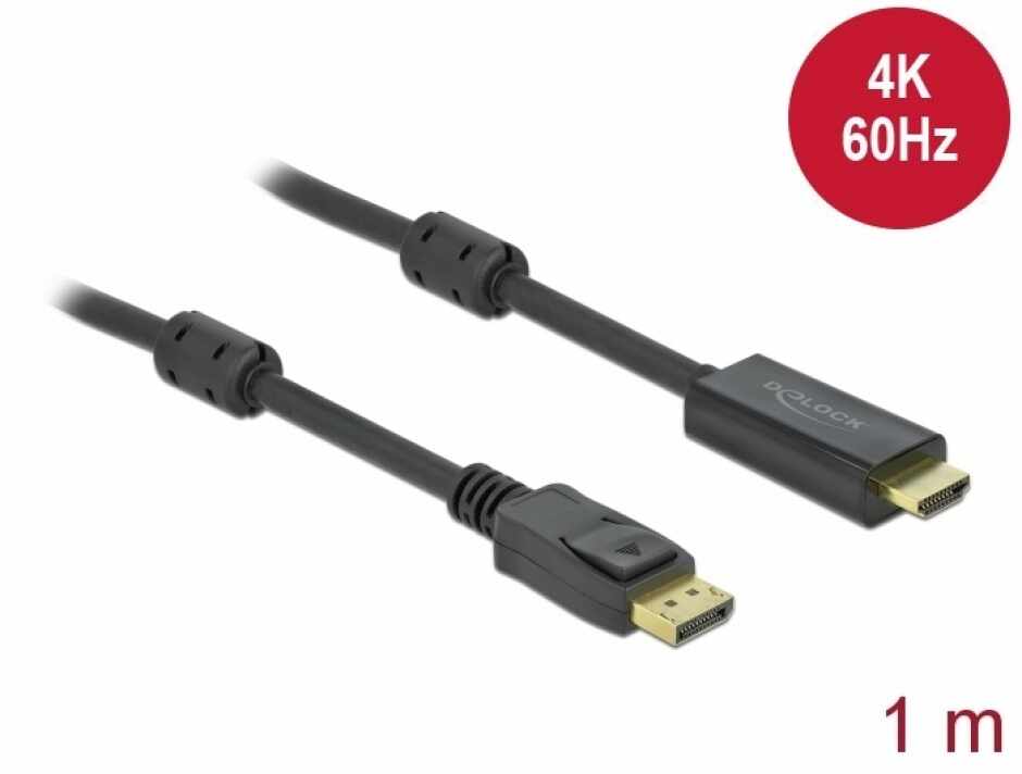 Cablu activ DisplayPort 1.2 la HDMI 4K60Hz T-T 1m Negru, Delock 85955