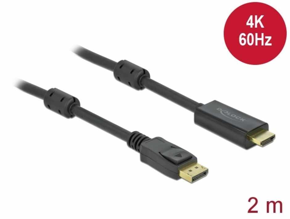 Cablu activ DisplayPort 1.2 la HDMI 4K60Hz T-T 2m Negru, Delock 85956