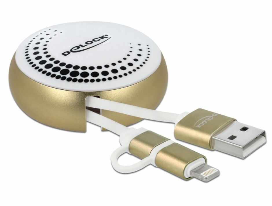 Cablu de date si incarcare USB 2.0 la micro USB-B + Lightning retractabil Alb/Auriu, Delock 85820