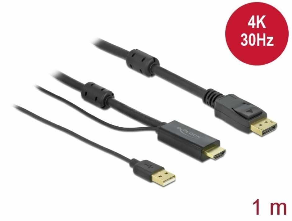 Cablu HDMI la DisplayPort 4K30Hz cu alimentare USB T-T 1m, Delock 85963