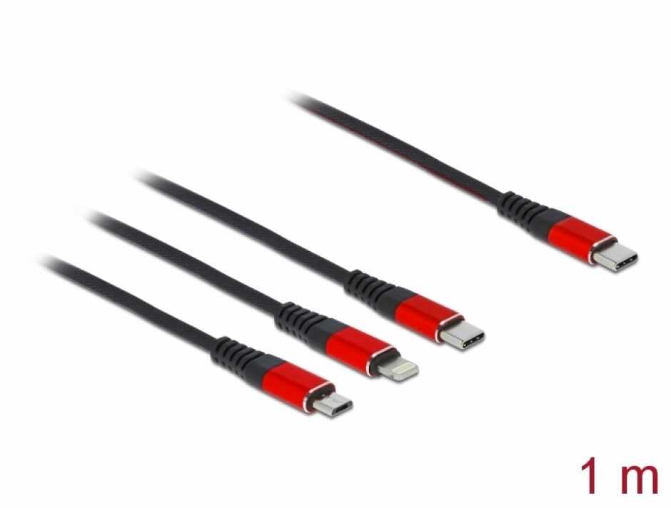 Cablu de incarcare USB 3 in 1 USB-C la Lightning / Micro USB / USB-C T-T 1m, Delock 86711