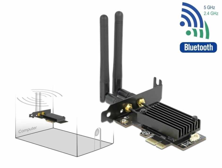 PCI Express Dual band Wi-Fi 6 WLAN ax/ac/a/b/g/n 2400 Mbps + Bluetooth 5.1, Delock 89049