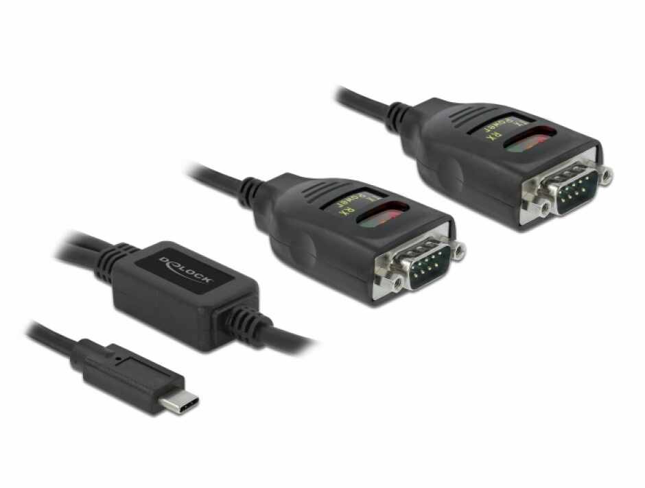 Adaptor USB Type-C la 2 x Serial RS-232 DB9 FTDI cu protectie 15 kV ESD, Delock 90494