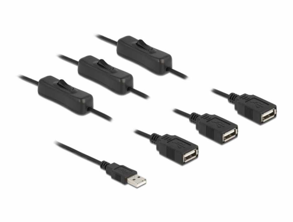 Cablu de alimentare USB-A la 3 x USB-A T-M cu switch On/Off 1m, Delock 86804