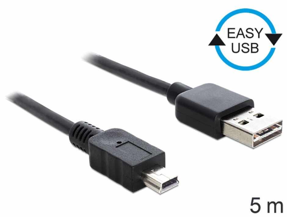 Cablu EASY-USB 2.0-A la mini USB T-T 5m Negru, Delock 83365