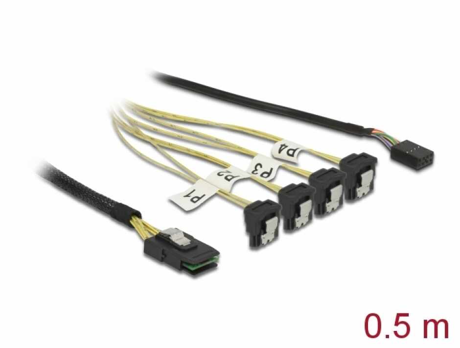 Cablu Mini SAS SFF-8087 la 4 x SATA 7 Pini + Sideband 0.5m, Delock 85683